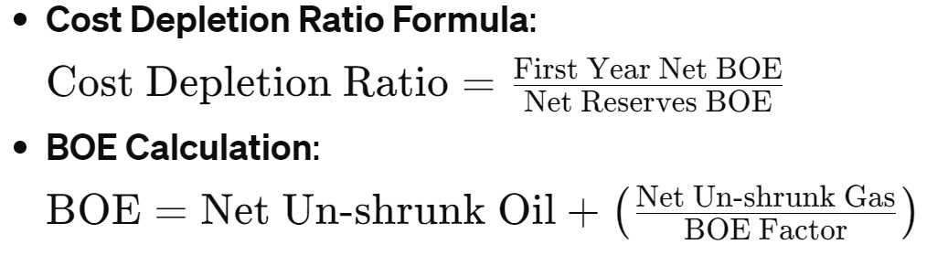 This shows the formula used to calculate cost depletion and approximate tax liabilities